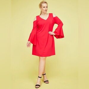 Lane Bryant Sz 26p Red Cold-Shoulder Bell-Sleeve Fit Flare Dress Romantic V-Day